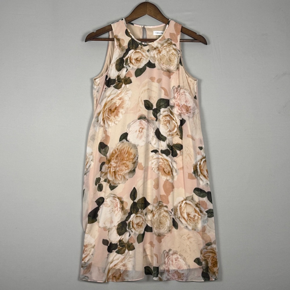 Calvin Klein Floral Shift Dress Womens 4 Peach Rose NWOT Sleeveless Lined